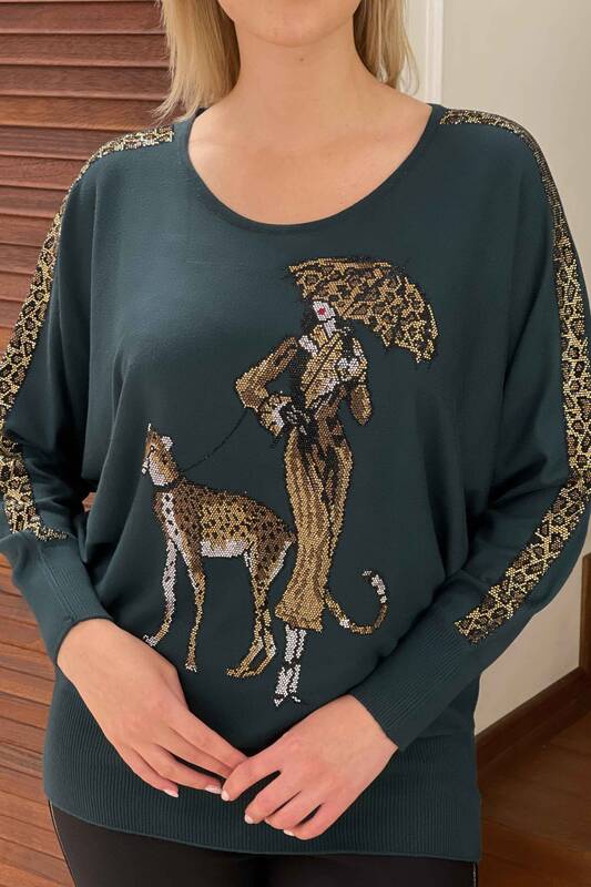 Vente en gros pull en tricot à col rond détaillé léopard pour femmes - 16557 | KAZEE