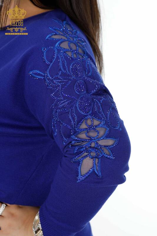Vente en gros de pull en maille pour femme en tulle avec pierre brodée florale détaillée - 16983 | KAZEE