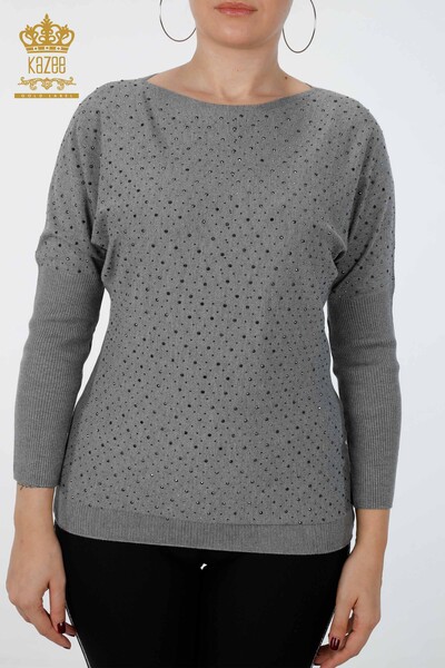 Vente en gros de pull en tricot pour femmes Stone brodé à manches longues - 15092 | KAZEE - Thumbnail