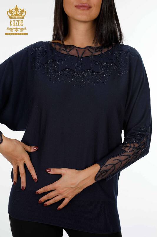 Vente en gros de pull en maille pour femmes en tulle avec motif brodé de pierres détaillées - 15686 | KAZEE