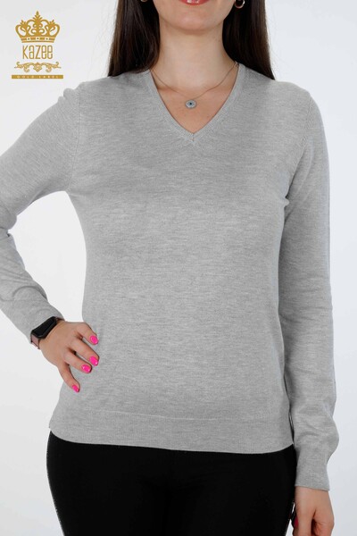 Vente en gros de tricots pour femmes col en V scintillant basique viscose manches longues - 15316 | KAZEE - Thumbnail