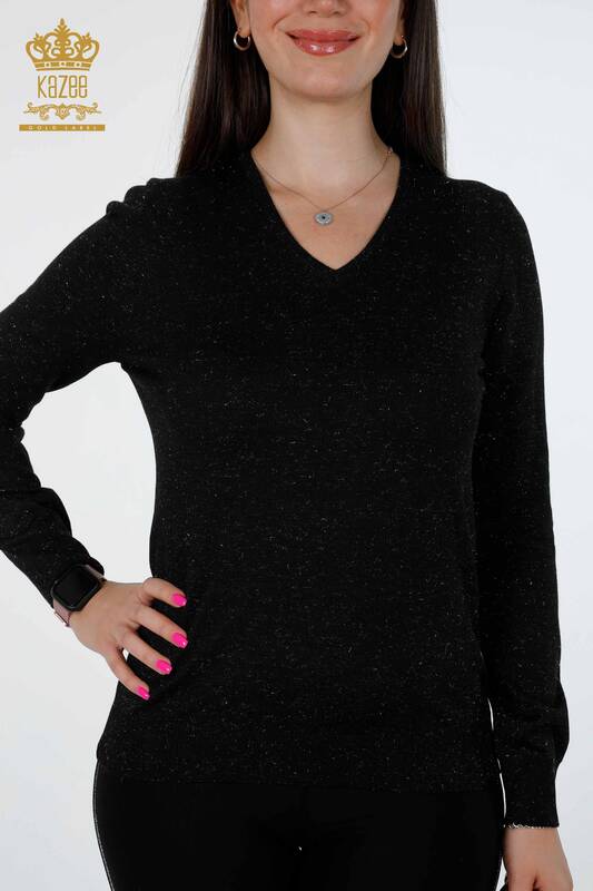 Vente en gros de tricots pour femmes col en V scintillant basique viscose manches longues - 15316 | KAZEE