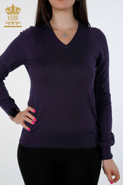 Vente en gros de tricots pour femmes col en V scintillant basique viscose manches longues - 15316 | KAZEE - Thumbnail