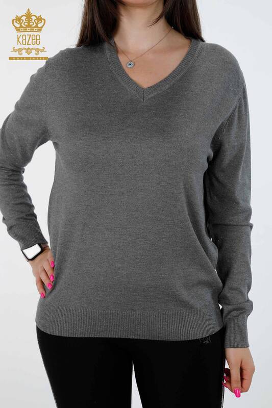 Vente en gros de tricots pour femmes col en V scintillant basique viscose manches longues - 15316 | KAZEE