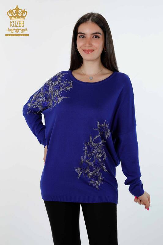Vente en gros de tricots pour femmes à col ras du cou à motifs brodés de pierre - 16598 | KAZEE