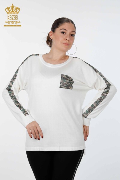 Vente en gros de tricots pour femmes couleur pierre brodée poche détaillée - 15925 | KAZEE - Thumbnail