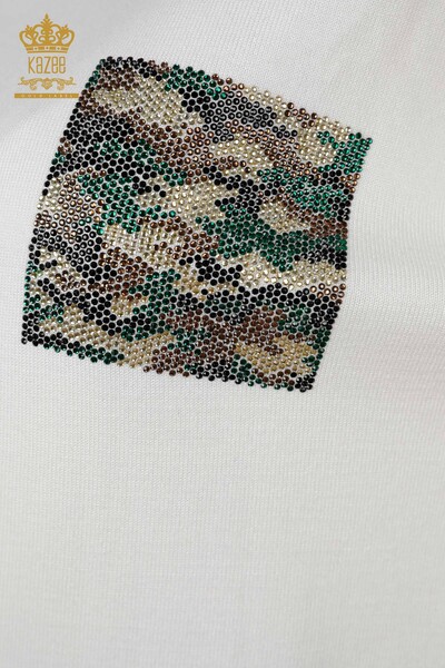 Vente en gros de tricots pour femmes couleur pierre brodée poche détaillée - 15925 | KAZEE - Thumbnail