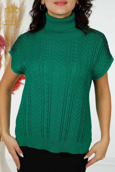 Grossiste Tricot Femme Épaule Cristal Pierre Brodé Vert - 30097 | KAZEE - Kazee (1)