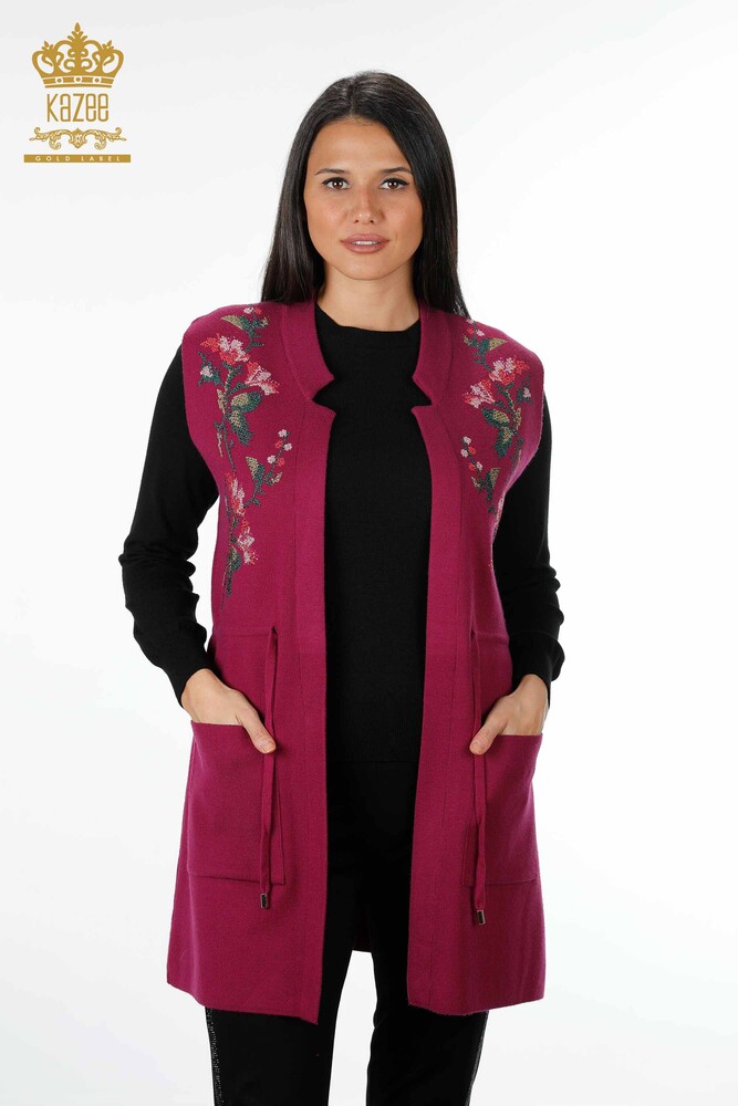 Grossiste Femmes Tricots Gilet Coloré Floral Brodé Longues Poches - 16844 | KAZEE - 1