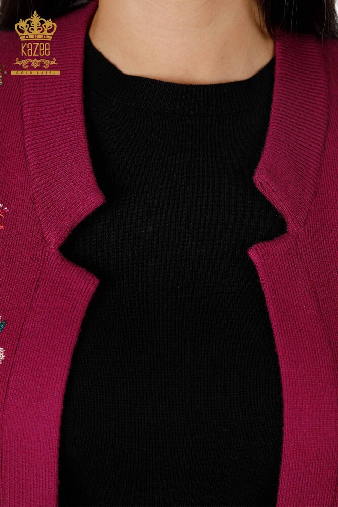 Grossiste Femmes Tricots Gilet Coloré Floral Brodé Longues Poches - 16844 | KAZEE - 6