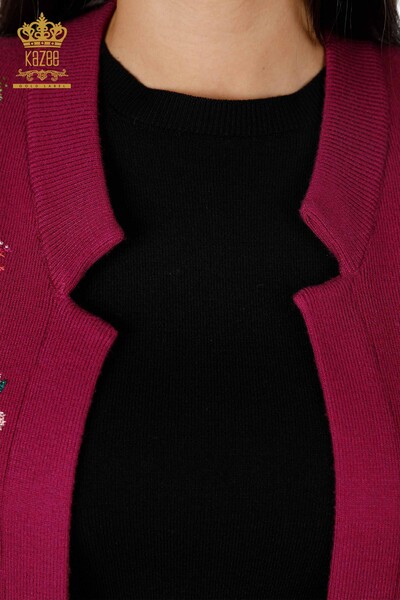 Grossiste Femmes Tricots Gilet Coloré Floral Brodé Longues Poches - 16844 | KAZEE - 6