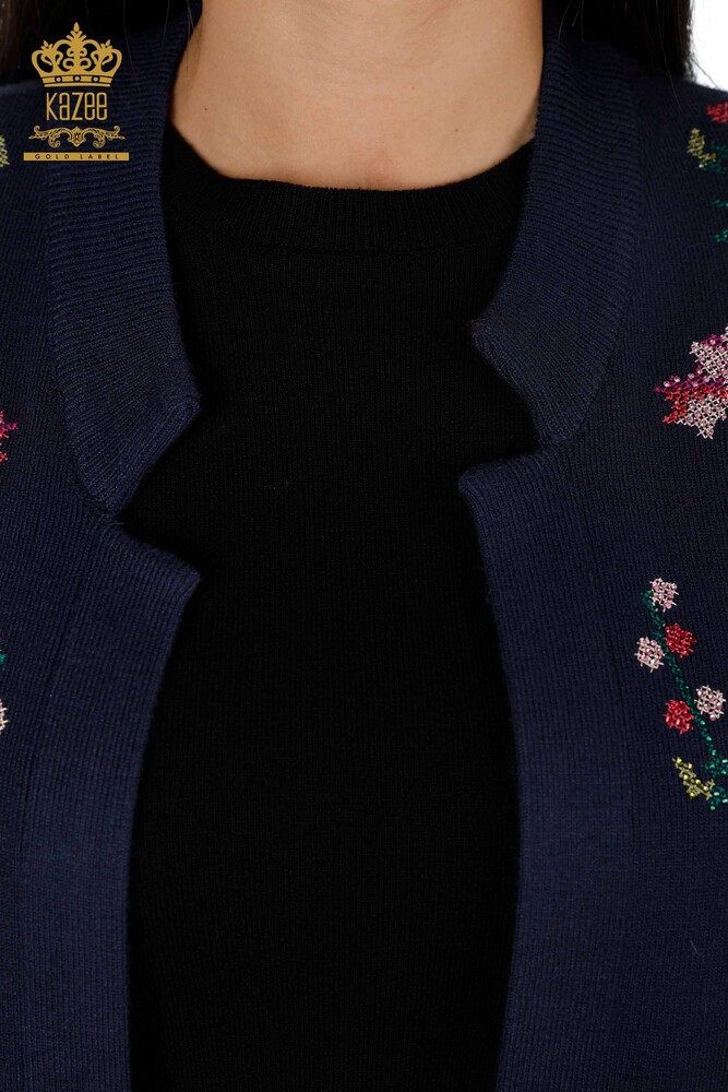 Grossiste Femmes Tricots Gilet Coloré Floral Brodé Longues Poches - 16844 | KAZEE - 14