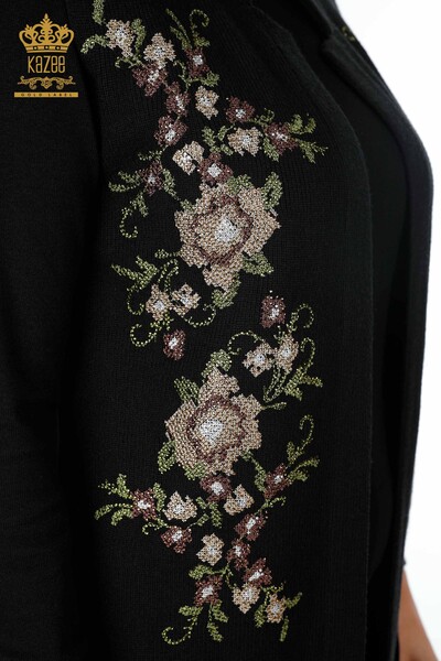 Grossiste Femmes Tricots Gilet Court Pierre Brodée Florale - 16836 | KAZEE - 3