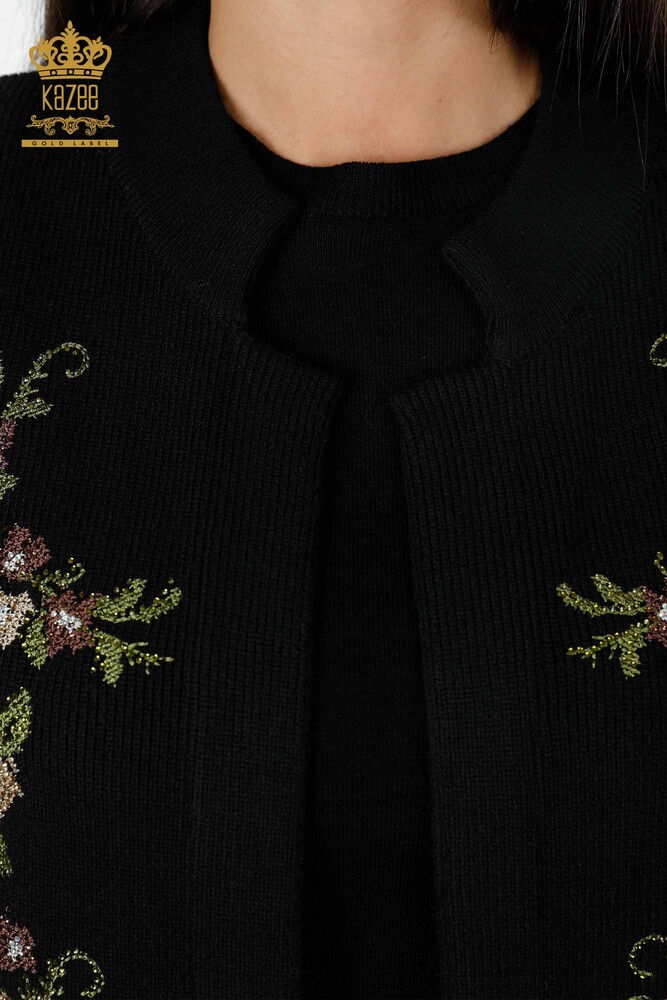 Grossiste Femmes Tricots Gilet Court Pierre Brodée Florale - 16836 | KAZEE - 7