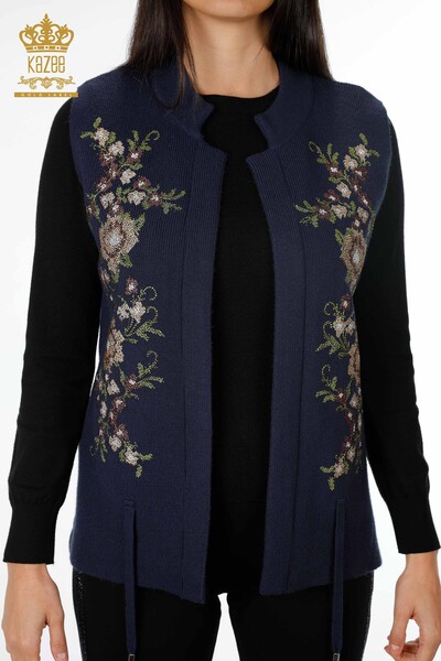 Grossiste Femmes Tricots Gilet Court Pierre Brodée Florale - 16836 | KAZEE - 18
