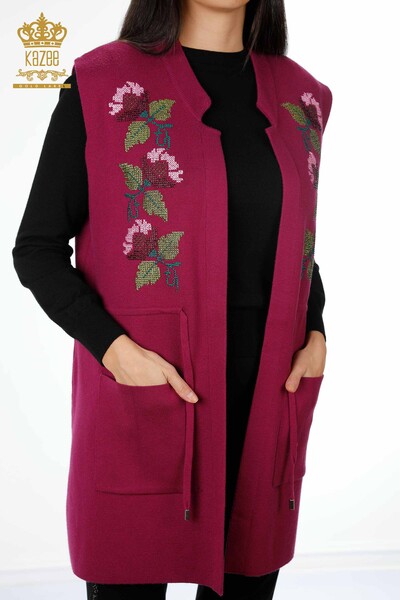 Vente en gros de tricots pour femmes gilet poche détaillée fleur colorée brodée - 16812 | KAZEE - Thumbnail