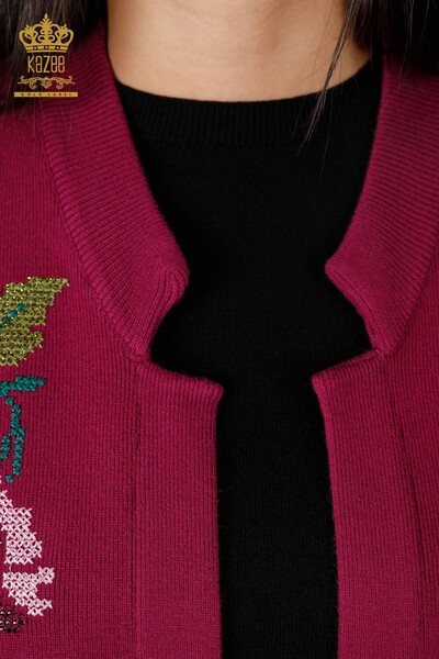 Vente en gros de tricots pour femmes gilet poche détaillée fleur colorée brodée - 16812 | KAZEE - 5