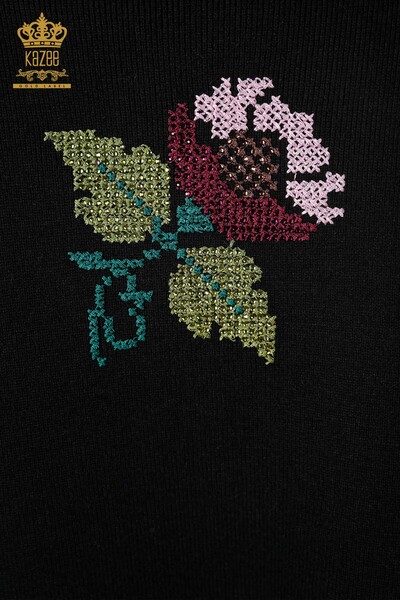 Vente en gros de tricots pour femmes gilet poche détaillée fleur colorée brodée - 16812 | KAZEE - 14