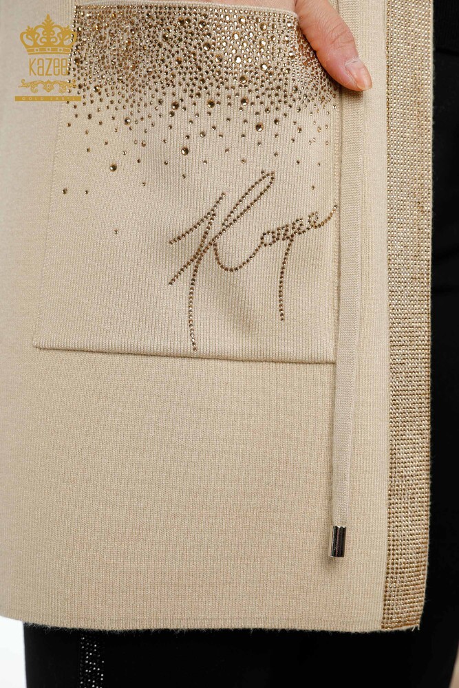 Vente en gros de tricots pour femmes gilet poche lettrage pierre bord brodé rayure - 16829 | KAZEE - 3