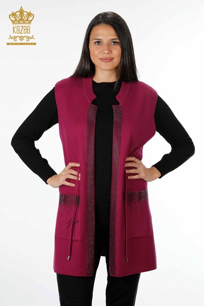 Vente en gros de tricots pour femmes gilet poche lettrage pierre bord brodé rayure - 16829 | KAZEE - 7