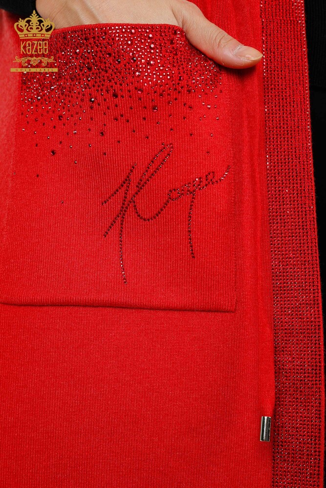 Vente en gros de tricots pour femmes gilet poche lettrage pierre bord brodé rayure - 16829 | KAZEE - 34