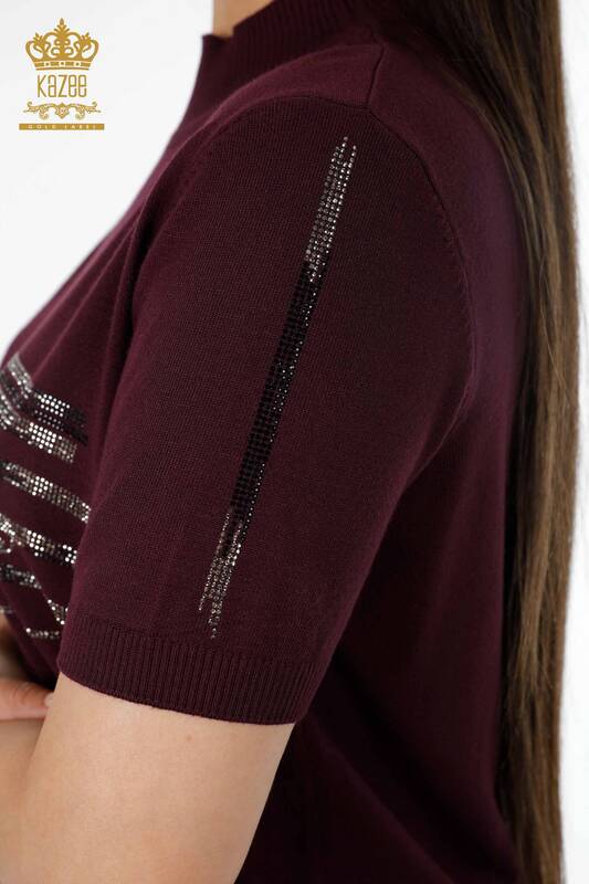 Vente en gros de tricots pour femmes ligne texte pierre brodé manche bande détaillée - 16933 | KAZEE