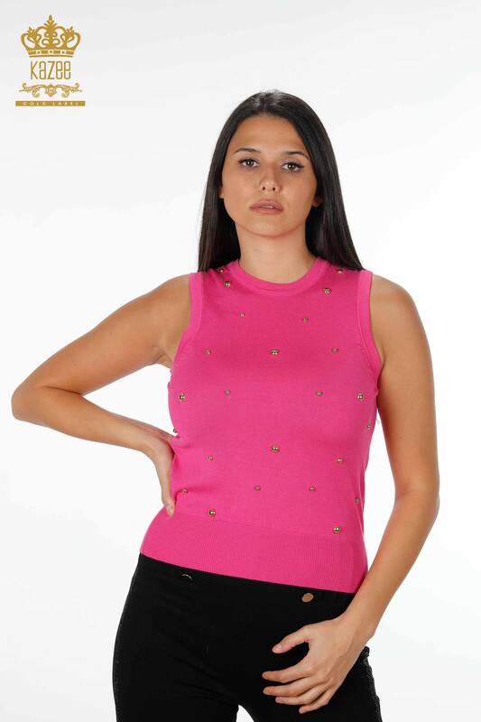 Vente en gros de tricots pour femmes à manches zéro col ras du cou brodé de pierre de couleur - 16955 | KAZEE