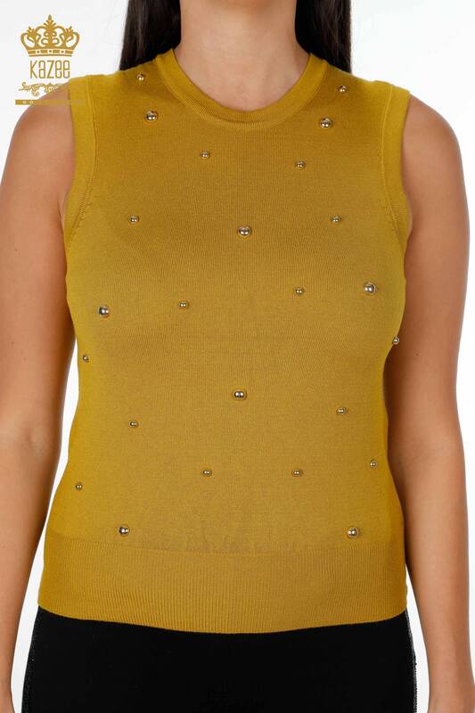 Vente en gros de tricots pour femmes à manches zéro col ras du cou brodé de pierre de couleur - 16955 | KAZEE