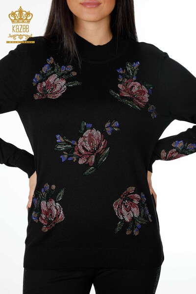 Vente en gros de tricots pour femmes couleur pierre brodé motif floral à manches longues - 16981 | KAZEE - Thumbnail