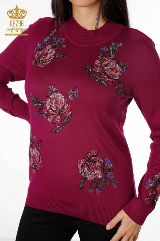 Vente en gros de tricots pour femmes couleur pierre brodé motif floral à manches longues - 16981 | KAZEE