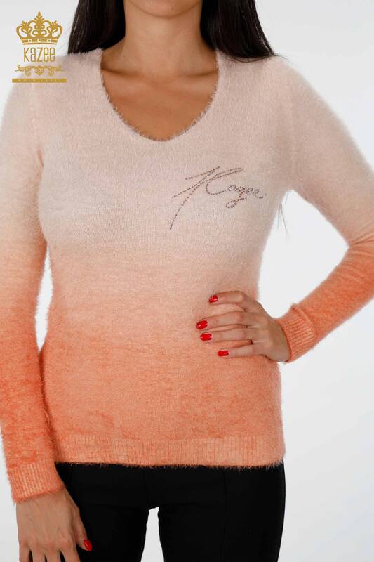 Vente en gros de pull en tricot pour femme deux couleurs transition pierre brodée - 18496 | KAZEE