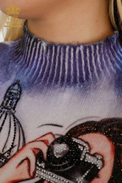 Vente en gros de pull en tricot pour femmes, col montant, motif angora brodé de pierre - 18945 | KAZEE - Thumbnail