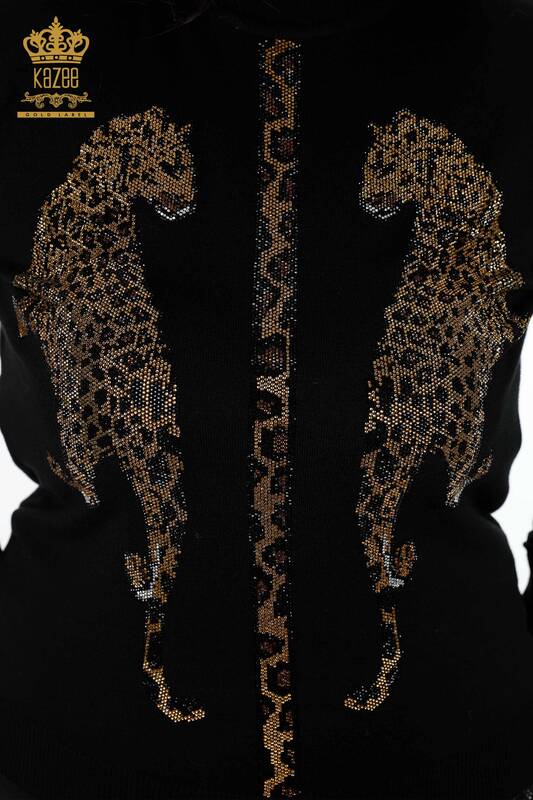 Vente en gros de pull en maille pour femmes, col montant, motif léopard, brodé de pierre - 16786 | KAZEE