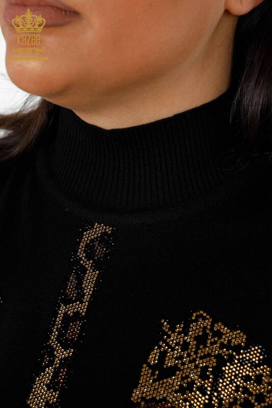 Vente en gros de pull en maille pour femmes, col montant, motif léopard, brodé de pierre - 16786 | KAZEE