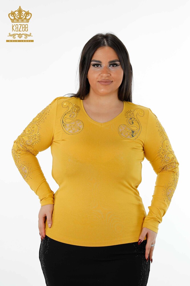 Vente en gros de pull en maille pour femmes, col en V, pierre de cristal, détail en tulle brodé - 79008 | KAZEE - 1