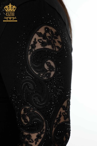 Vente en gros de pull en maille pour femmes, col en V, pierre de cristal, détail en tulle brodé - 79008 | KAZEE - 20