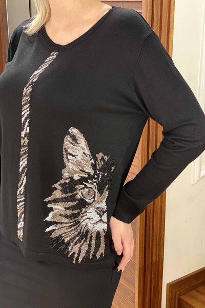 Vente en gros de pull en tricot pour femmes Motif de chat brodé en pierre de couleur - 16440 | KAZEE - Thumbnail