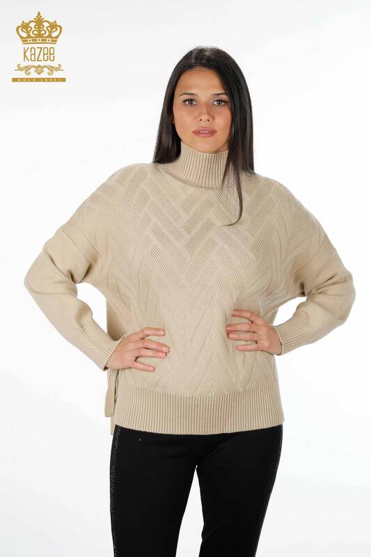 Vente en gros de pulls en tricot pour femmes sur les côtés avec cravate à motifs de base - 30000 | KAZEE
