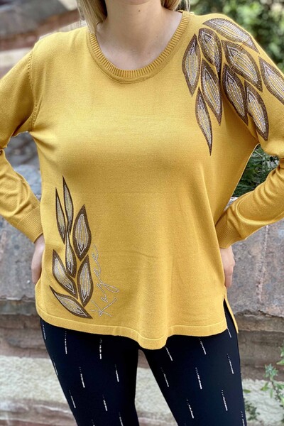 Vente en gros de pull en tricot pour femme brodé de pierre à motifs de feuilles - 16470 | KAZEE - Thumbnail
