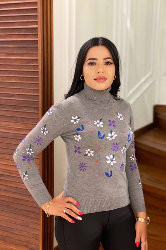 Vente en gros de pull en tricot pour femme à col roulé à motif floral - 14800 | KAZEE
