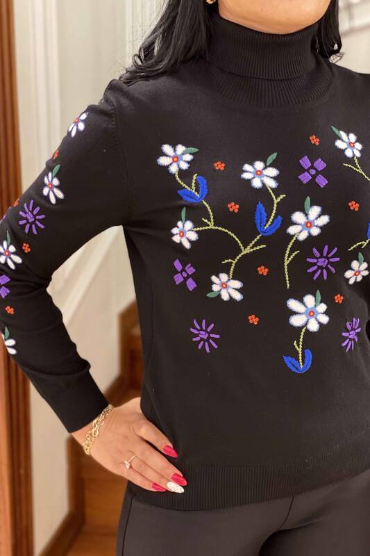 Vente en gros de pull en tricot pour femme à col roulé à motif floral - 14800 | KAZEE