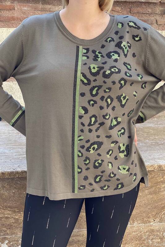 Pull en tricot à col rond et motif léopard en gros pour femmes - 16472 | KAZEE