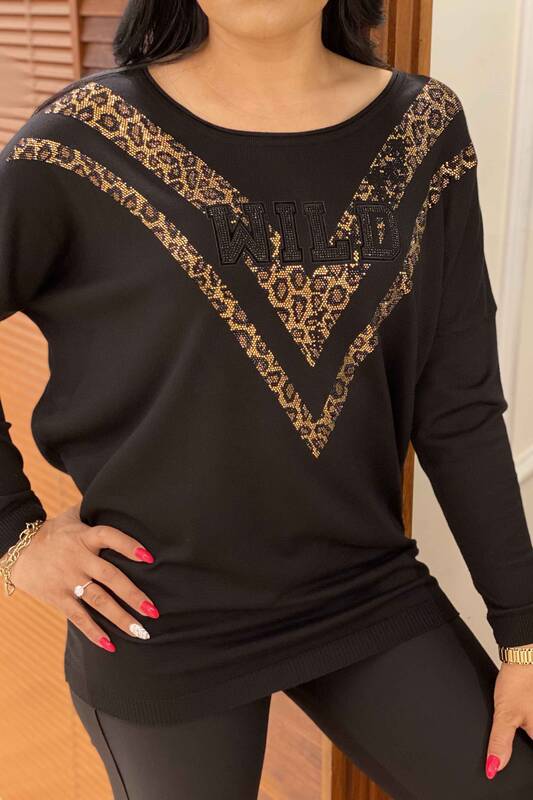 Vente en gros de pull en tricot pour femmes motif léopard brodé de pierre - 16478 | KAZEE