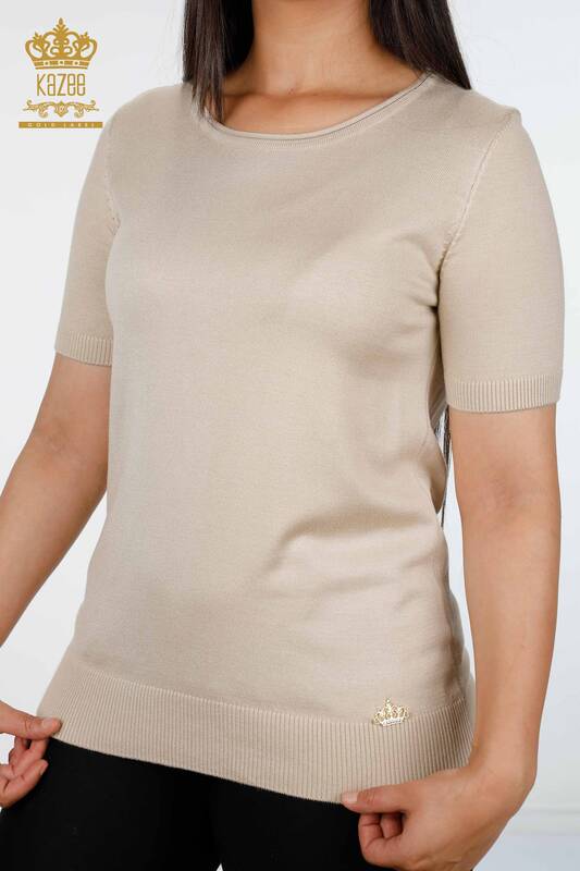 Vente en gros de pull en tricot pour femmes à manches courtes et col rond avec logo - 15943 | KAZEE