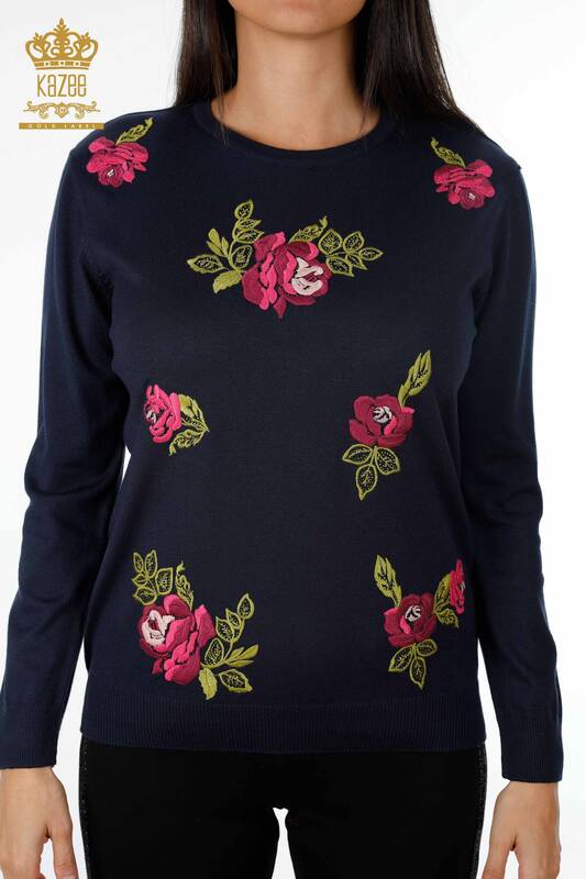 Vente en gros de pull en tricot pour femmes à manches longues avec broderie de pierre à motifs roses - 16846 | KAZEE