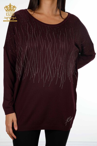 Vente en gros de pull en tricot pour femmes à motifs rayés brodés de pierre - 16611 | KAZEE - Thumbnail