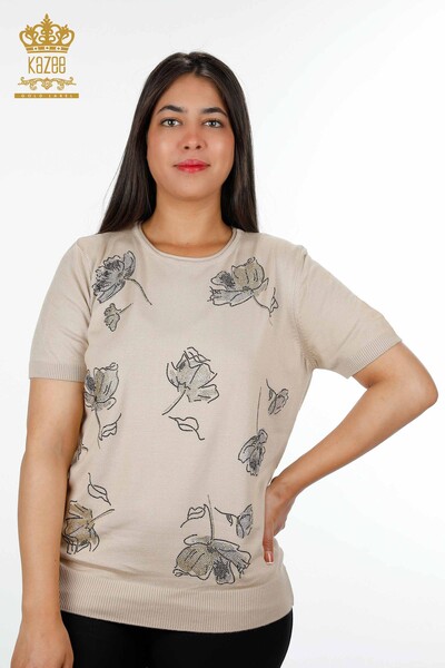 Vente en gros de tricots pour femmes Rose à motifs à manches courtes Broderie de pierre - 16908 | KAZEE - Thumbnail
