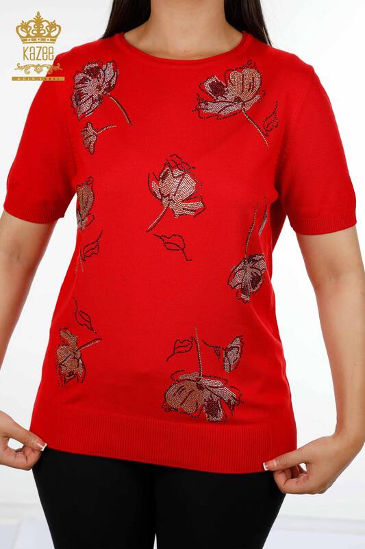 Vente en gros de tricots pour femmes Rose à motifs à manches courtes Broderie de pierre - 16908 | KAZEE