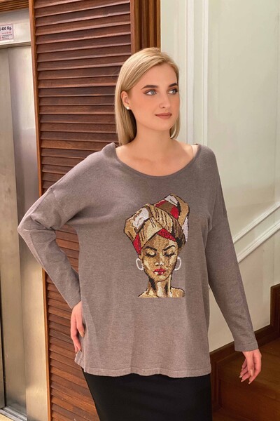 Vente en gros de pull en tricot pour femmes motif brodé de pierre - 16103 | KAZEE - Thumbnail