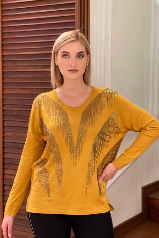 Vente en gros de pull en tricot à motifs brodés de pierre pour femmes - 16465 | KAZEE